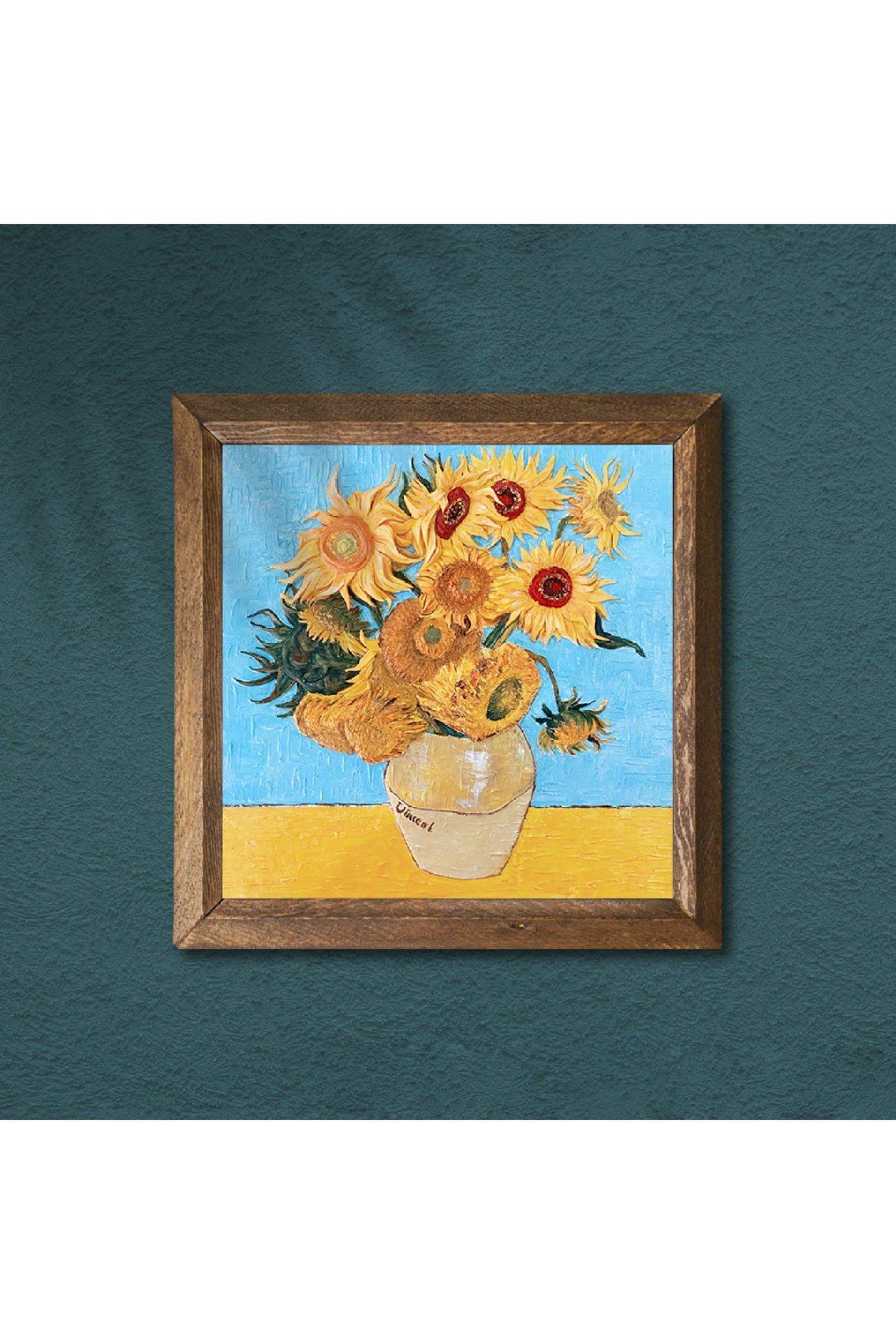 Vincent van Gogh On İki Ayçiçekli Vazo Taş Duvar Tablosu - Ahşap Çerçeveli Taş Tablo - 25x25 cm - Dekoratif Duvar Sanatı - Modern Ev ve Ofis Duvar Dekoru -W1-276