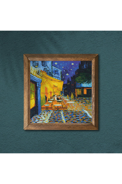 Vincent van Gogh Kafe Terasta Gece Taş Duvar Tablosu - Ahşap Çerçeveli Taş Tablo - 25x25 cm - Dekoratif Duvar Sanatı - Modern Ev ve Ofis Duvar Dekoru -W1-279