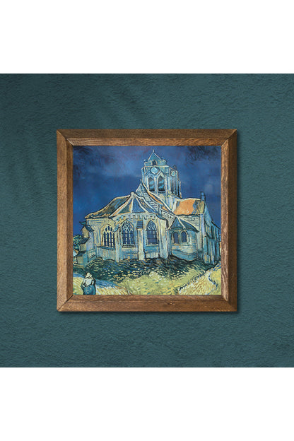 Vincent van Gogh Auvers'deki Kilise Taş Duvar Tablosu - Ahşap Çerçeveli Taş Tablo - 25x25 cm - Dekoratif Duvar Sanatı - Modern Ev ve Ofis Duvar Dekoru -W1-289