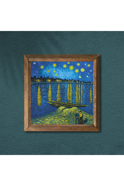 Vincent van Gogh Ren Nehri’nde Yıldızlı Bir Gece Taş Duvar Tablosu - Ahşap Çerçeveli Taş Tablo - 25x25 cm - Dekoratif Duvar Sanatı - Modern Ev ve Ofis Duvar Dekoru -W1-293