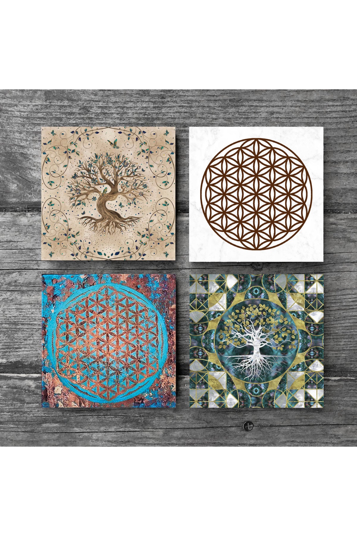 Pinecone Yaşam Çiçeği, Hayat Ağacı Taş Bardak Altlığı Seti - 4 Parça - Dekoratif, Rustik Mutfak Aksesuarı, 10x10 cm, Kaydırmaz Tabanlı, Şık ve Dayanıklı SC106