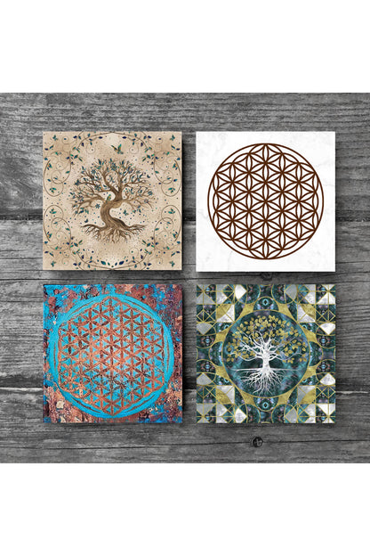 Pinecone Yaşam Çiçeği, Hayat Ağacı Taş Bardak Altlığı Seti - 4 Parça - Dekoratif, Rustik Mutfak Aksesuarı, 10x10 cm, Kaydırmaz Tabanlı, Şık ve Dayanıklı SC106