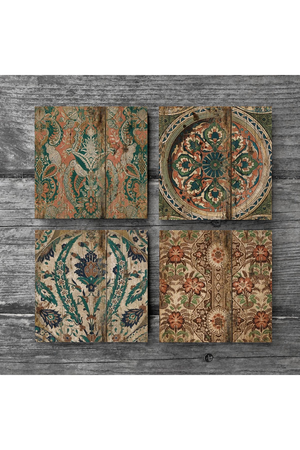 Pinecone Vintage Desen Taş Bardak Altlığı Seti - 4 Parça - Dekoratif, Rustik Mutfak Aksesuarı, 10x10 cm, Kaydırmaz Tabanlı, Şık ve Dayanıklı SC109