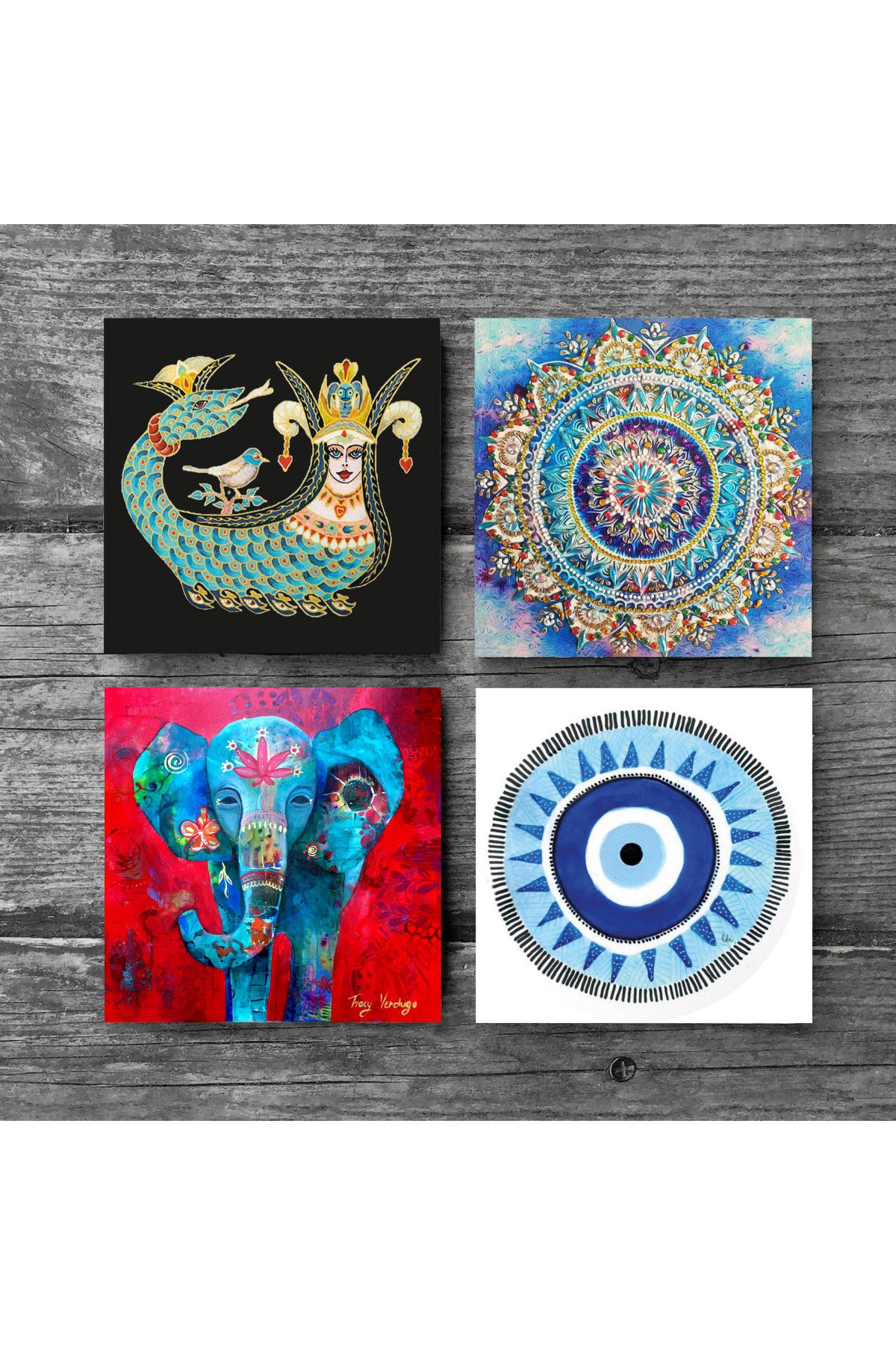 Pinecone Nazar, Mandala, Fil, Şahmeran Taş Bardak Altlığı Seti - 4 Parça - Dekoratif, Rustik Mutfak Aksesuarı, 10x10 cm, Kaydırmaz Tabanlı, Şık ve Dayanıklı SC124