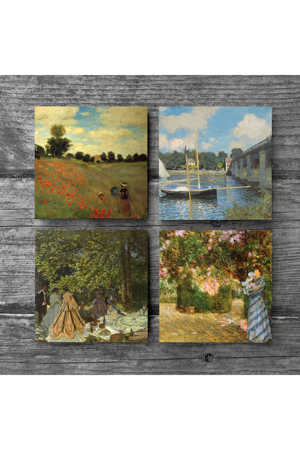 Pinecone Claude Monet Bahçede, Kırda Öğle Yemeği, Argenteuil'de Köprü, Gelincikler Taş Bardak Altlığı Seti - 4 Parça - Dekoratif, Rustik Mutfak Aksesuarı, 10x10 cm, Kaydırmaz TabanlıSC128
