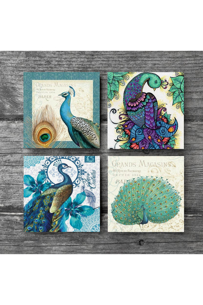 Pinecone Tavus Kuşu Taş Bardak Altlığı Seti - 4 Parça - Dekoratif, Rustik Mutfak Aksesuarı, 10x10 cm, Kaydırmaz Tabanlı, Şık ve Dayanıklı SC138