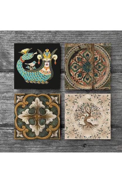 Pinecone Vintage, Desen, Şahmeran, Hayat Ağacı Taş Bardak Altlığı Seti - 4 Parça - Dekoratif, Rustik Mutfak Aksesuarı, 10x10 cm, Kaydırmaz Tabanlı, Şık ve Dayanıklı SC149