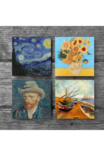 Pinecone Van Gogh Balıkçı Tekneleri, On İki Ayçiçekli Vazo, Yıldızlı Gece, Otoportre Taş Bardak Altlığı Seti - 4 Parça - Dekoratif, Rustik Mutfak Aksesuarı, 10x10 cm, Kaydırmaz TabanlıSC154