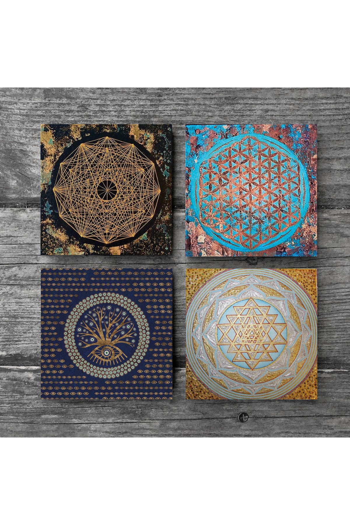 Pinecone Nazar Ağaç, Yaşam Çiçeği, Sri Yantra Taş Bardak Altlığı Seti - 4 Parça - Dekoratif, Rustik Mutfak Aksesuarı, 10x10 cm, Kaydırmaz Tabanlı, Şık ve Dayanıklı SC158