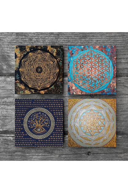 Pinecone Nazar Ağaç, Yaşam Çiçeği, Sri Yantra Taş Bardak Altlığı Seti - 4 Parça - Dekoratif, Rustik Mutfak Aksesuarı, 10x10 cm, Kaydırmaz Tabanlı, Şık ve Dayanıklı SC158