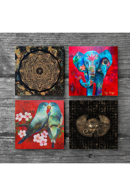 Pinecone Fil, Kuş, Horus'un Gözü, Sri Yantra Taş Bardak Altlığı Seti - 4 Parça - Dekoratif, Rustik Mutfak Aksesuarı, 10x10 cm, Kaydırmaz Tabanlı, Şık ve Dayanıklı SC160