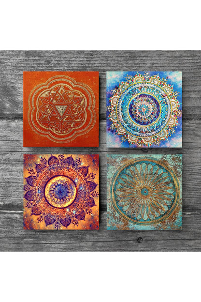 Pinecone Mandala, Yaşam Çiçeği, Sri Yantra Taş Bardak Altlığı Seti - 4 Parça - Dekoratif, Rustik Mutfak Aksesuarı, 10x10 cm, Kaydırmaz Tabanlı, Şık ve Dayanıklı SC163