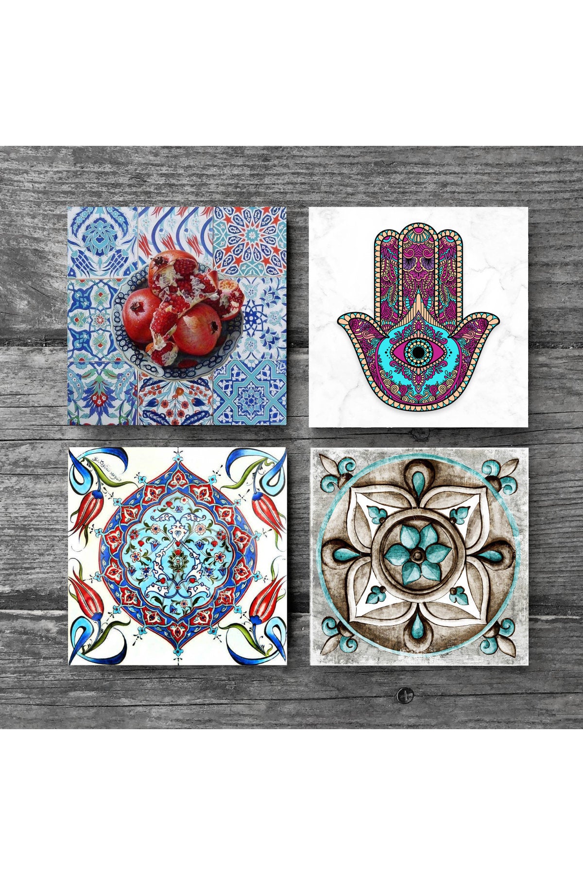 Pinecone Fatma Ana Eli (Hamsa), Çini Sanatı, Nar Taş Bardak Altlığı Seti - 4 Parça - Dekoratif, Rustik Mutfak Aksesuarı, 10x10 cm, Kaydırmaz Tabanlı, Şık ve Dayanıklı SC178