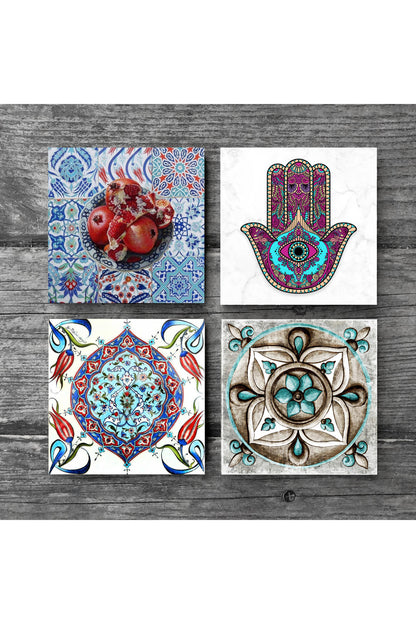 Pinecone Fatma Ana Eli (Hamsa), Çini Sanatı, Nar Taş Bardak Altlığı Seti - 4 Parça - Dekoratif, Rustik Mutfak Aksesuarı, 10x10 cm, Kaydırmaz Tabanlı, Şık ve Dayanıklı SC178