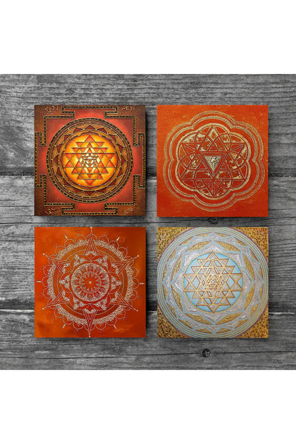 Pinecone Sri Yantra, Mandala Taş Bardak Altlığı Seti - 4 Parça - Dekoratif, Rustik Mutfak Aksesuarı, 10x10 cm, Kaydırmaz Tabanlı, Şık ve Dayanıklı SC181