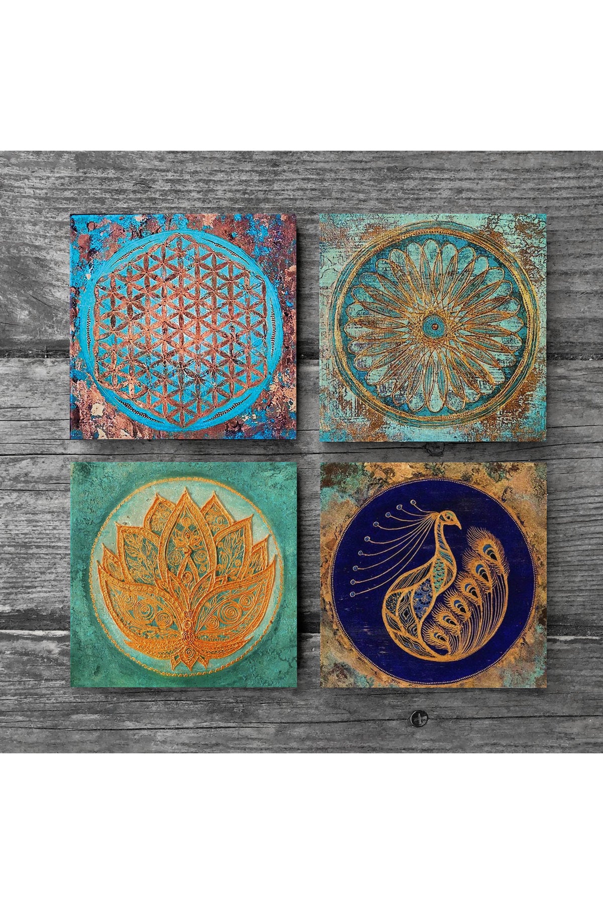 Pinecone Lotus Çiçeği, Tavus Kuşu, Yaşam Çiçeği Taş Bardak Altlığı Seti - 4 Parça - Dekoratif, Rustik Mutfak Aksesuarı, 10x10 cm, Kaydırmaz Tabanlı, Şık ve Dayanıklı SC182
