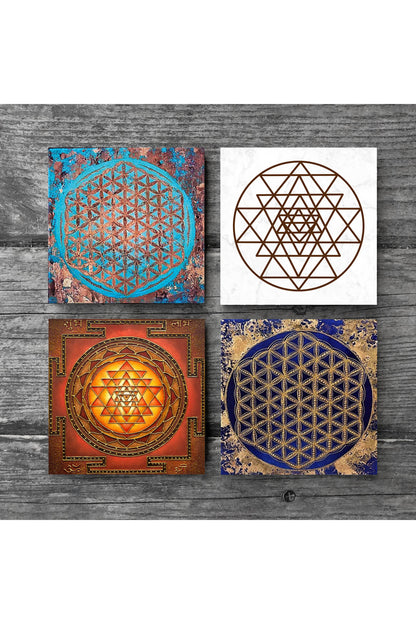 Pinecone Yaşam Çiçeği, Sri Yantra Taş Bardak Altlığı Seti - 4 Parça - Dekoratif, Rustik Mutfak Aksesuarı, 10x10 cm, Kaydırmaz Tabanlı, Şık ve Dayanıklı SC184