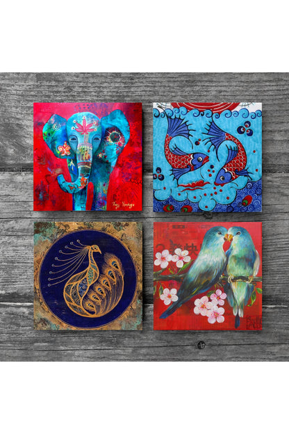 Pinecone Fil, Kuş, Tavus Kuşu, Çini Sanatı Balık Taş Bardak Altlığı Seti - 4 Parça - Dekoratif, Rustik Mutfak Aksesuarı, 10x10 cm, Kaydırmaz Tabanlı, Şık ve Dayanıklı SC185