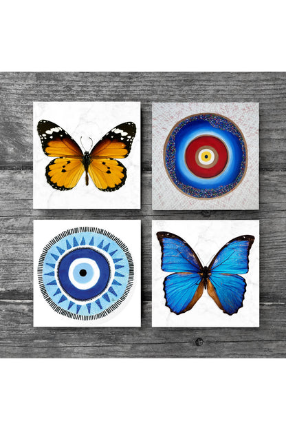 Pinecone Nazar, Kelebek Taş Bardak Altlığı Seti - 4 Parça - Dekoratif, Rustik Mutfak Aksesuarı, 10x10 cm, Kaydırmaz Tabanlı, Şık ve Dayanıklı SC199