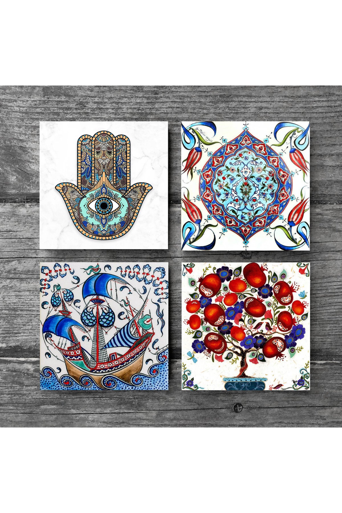 Pinecone Çini Sanatı, Yelkenli Gemi, Nar Ağacı, Fatma Ana Eli (Hamsa) Taş Bardak Altlığı Seti - 4 Parça - Dekoratif, Rustik Mutfak Aksesuarı, 10x10 cm, Kaydırmaz Tabanlı, Şık ve Dayanıklı SC201