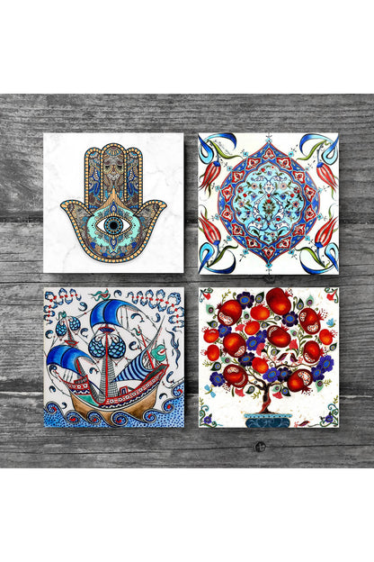 Pinecone Çini Sanatı, Yelkenli Gemi, Nar Ağacı, Fatma Ana Eli (Hamsa) Taş Bardak Altlığı Seti - 4 Parça - Dekoratif, Rustik Mutfak Aksesuarı, 10x10 cm, Kaydırmaz Tabanlı, Şık ve Dayanıklı SC201