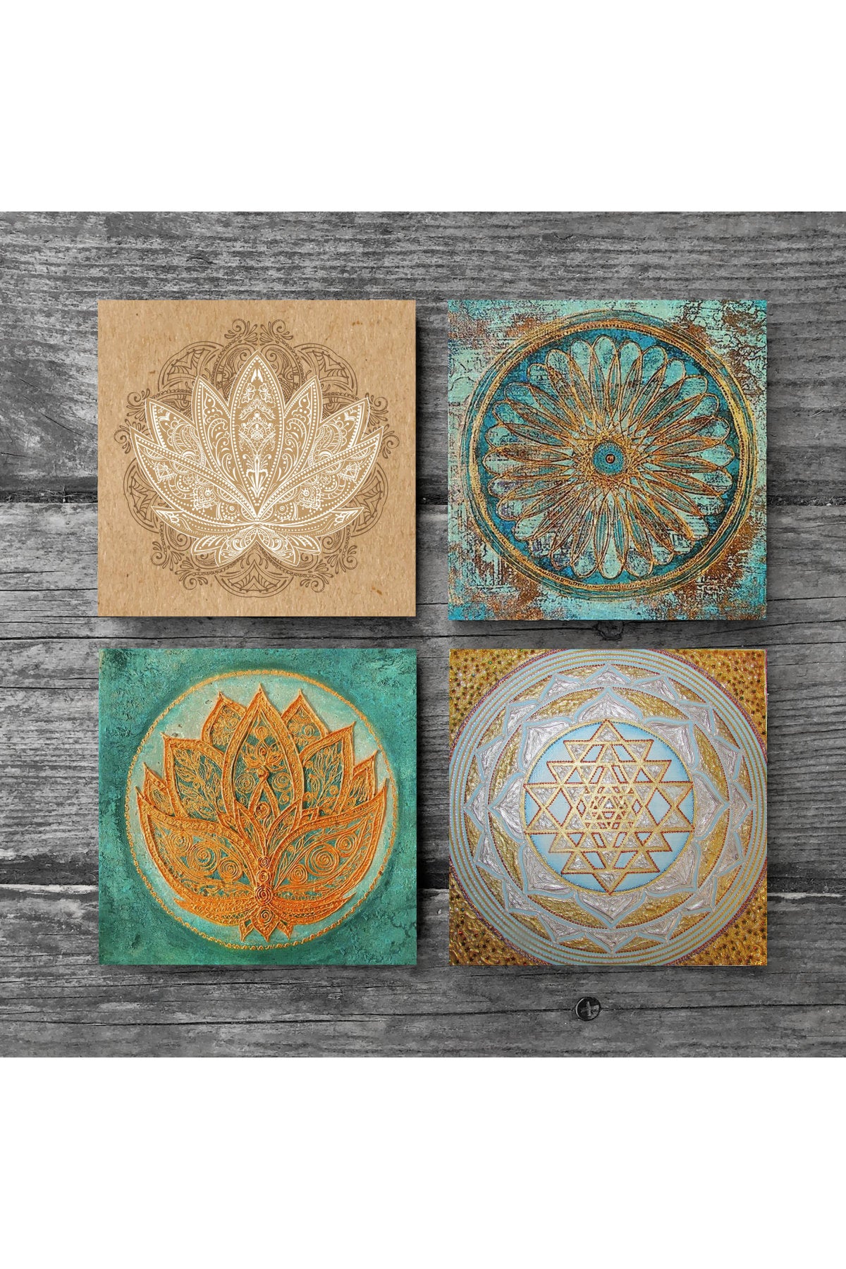Pinecone Yaşam Çiçeği, Lotus Çiçeği, Sri Yantra Taş Bardak Altlığı Seti - 4 Parça - Dekoratif, Rustik Mutfak Aksesuarı, 10x10 cm, Kaydırmaz Tabanlı, Şık ve Dayanıklı SC207