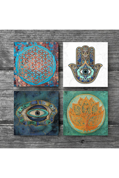 Pinecone Nazar, Yaşam Çiçeği, Lotus Çiçeği, Fatma Ana Eli (Hamsa) Taş Bardak Altlığı Seti - 4 Parça - Dekoratif, Rustik Mutfak Aksesuarı, 10x10 cm, Kaydırmaz Tabanlı, Şık ve Dayanıklı SC211