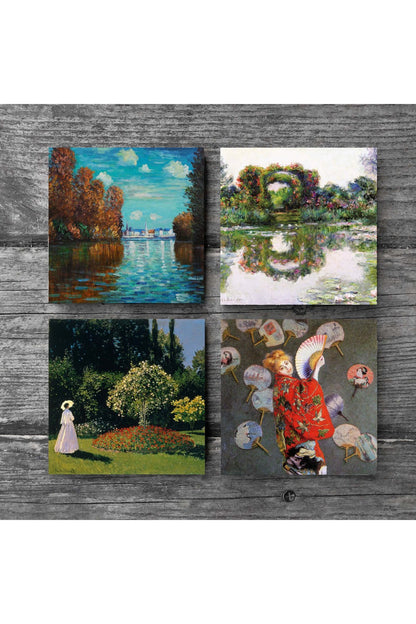 Pinecone Claude Monet Sonbahar, Japon Kostümü, Gül Çiçekli Kemer, Bahçedeki Kadın Taş Bardak Altlığı Seti - 4 Parça - Dekoratif, Rustik Mutfak Aksesuarı, 10x10 cm, Kaydırmaz TabanlıSC223