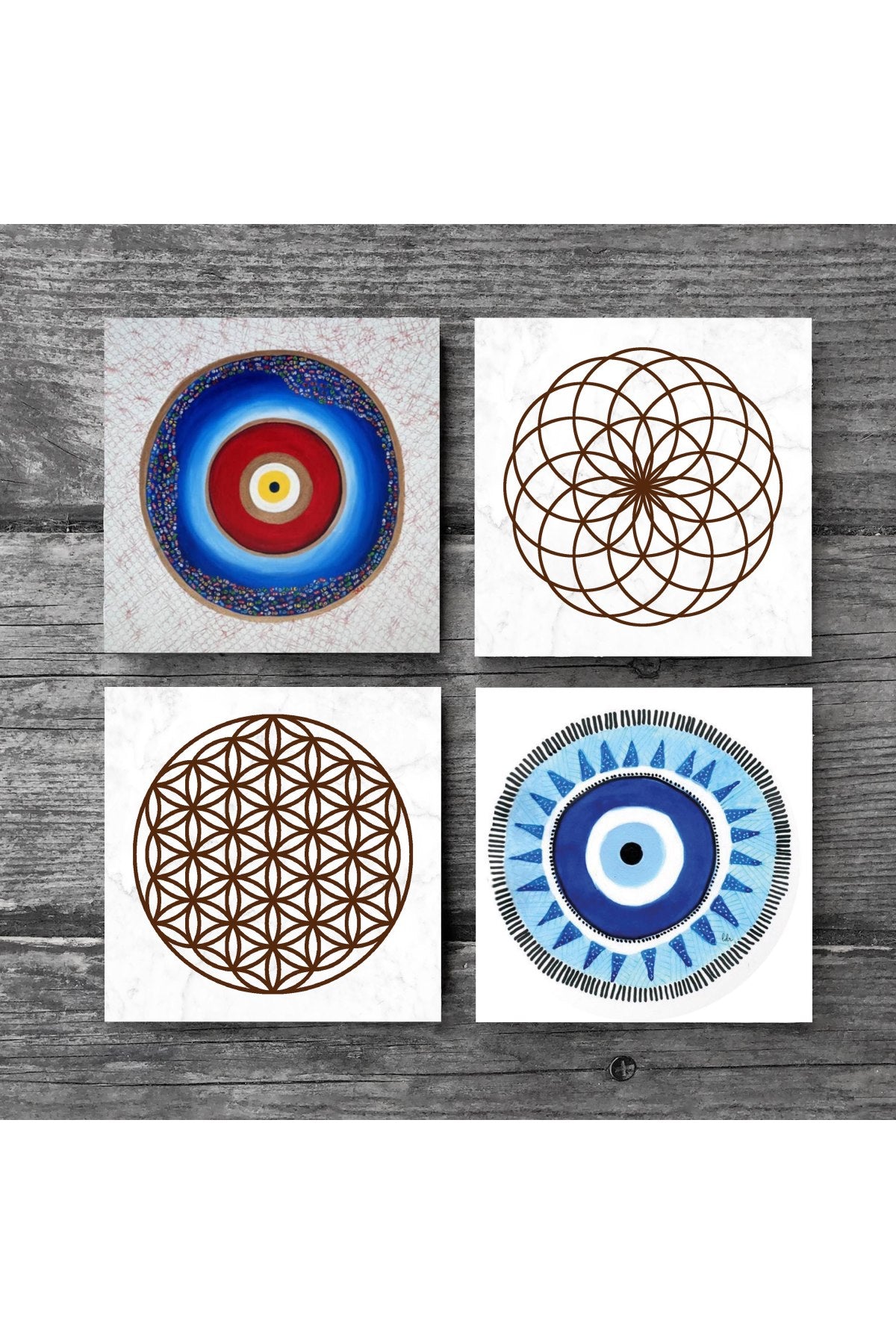 Pinecone Nazar, Yaşam Çiçeği Taş Bardak Altlığı Seti - 4 Parça - Dekoratif, Rustik Mutfak Aksesuarı, 10x10 cm, Kaydırmaz Tabanlı, Şık ve Dayanıklı SC224