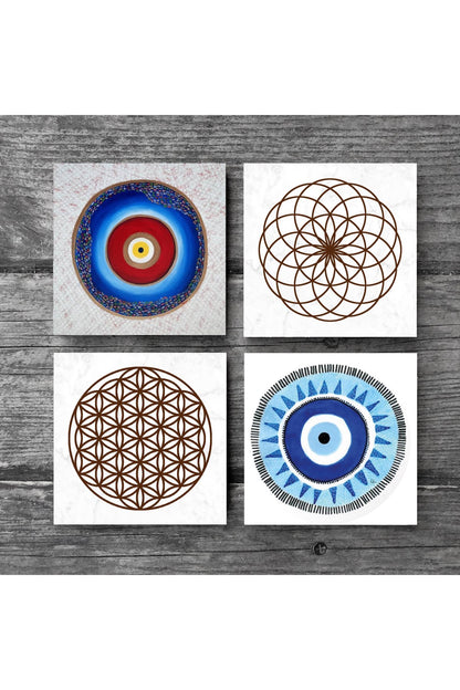 Pinecone Nazar, Yaşam Çiçeği Taş Bardak Altlığı Seti - 4 Parça - Dekoratif, Rustik Mutfak Aksesuarı, 10x10 cm, Kaydırmaz Tabanlı, Şık ve Dayanıklı SC224