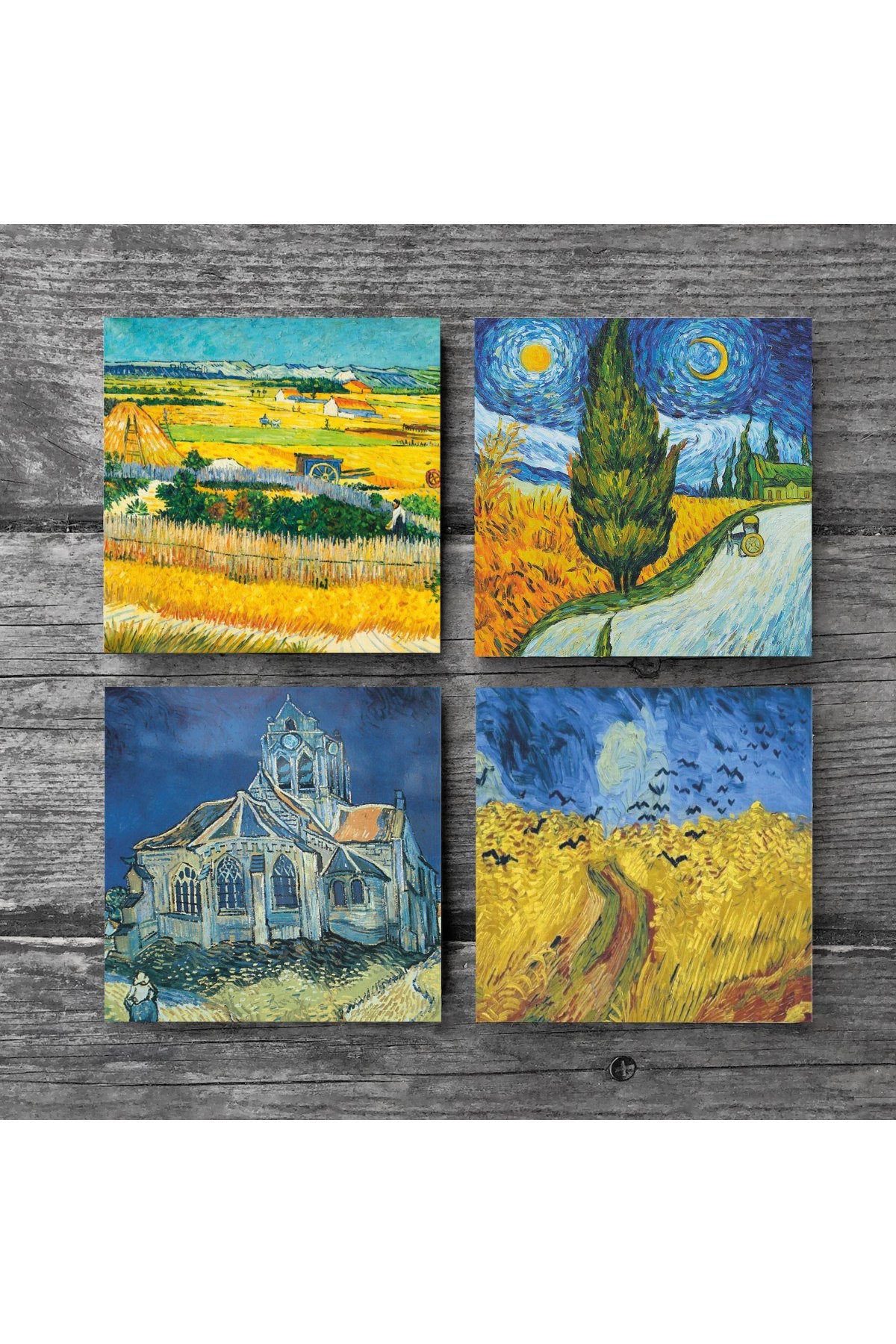 Pinecone Van Gogh Hasat Manzarası, Yıldızlı Yol, Buğday Tarlası ve Kargalar, Kilise Taş Bardak Altlığı Seti - 4 Parça - Dekoratif, Rustik Mutfak Aksesuarı, 10x10 cm, Kaydırmaz TabanlıSC225