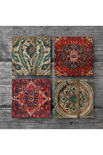 Pinecone Desen, Vintage Desen Taş Bardak Altlığı Seti - 4 Parça - Dekoratif, Rustik Mutfak Aksesuarı, 10x10 cm, Kaydırmaz Tabanlı, Şık ve Dayanıklı SC229