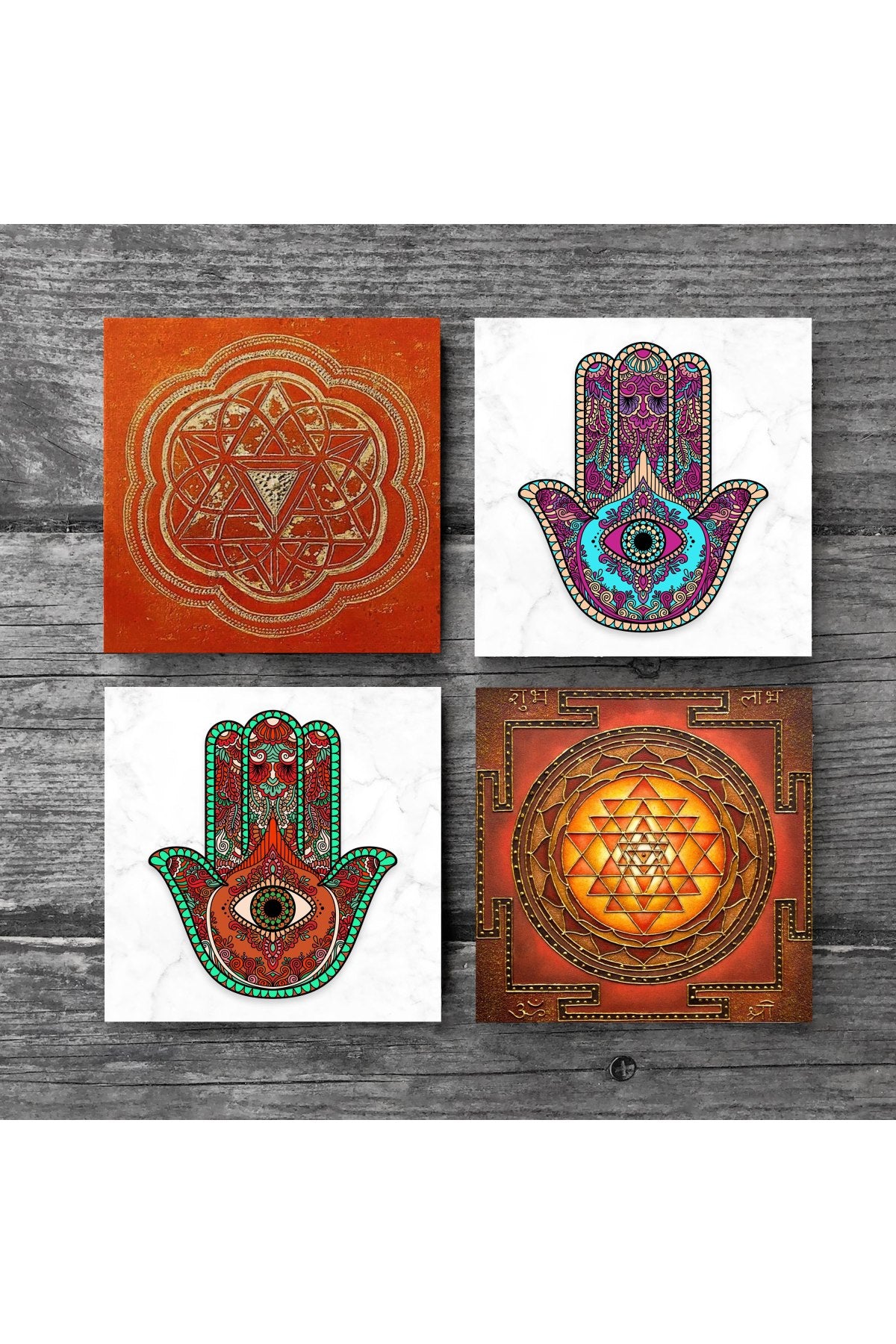 Pinecone Sri Yantra, Fatma Ana Eli (Hamsa) Taş Bardak Altlığı Seti - 4 Parça - Dekoratif, Rustik Mutfak Aksesuarı, 10x10 cm, Kaydırmaz Tabanlı, Şık ve Dayanıklı SC232