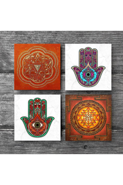 Pinecone Sri Yantra, Fatma Ana Eli (Hamsa) Taş Bardak Altlığı Seti - 4 Parça - Dekoratif, Rustik Mutfak Aksesuarı, 10x10 cm, Kaydırmaz Tabanlı, Şık ve Dayanıklı SC232