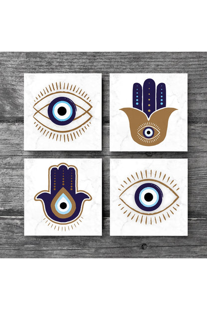 Pinecone Fatma Ana Eli (Hamsa), Nazar Taş Bardak Altlığı Seti - 4 Parça - Dekoratif, Rustik Mutfak Aksesuarı, 10x10 cm, Kaydırmaz Tabanlı, Şık ve Dayanıklı SC236