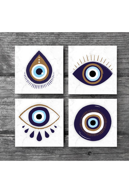 Pinecone Nazar Taş Bardak Altlığı Seti - 4 Parça - Dekoratif, Rustik Mutfak Aksesuarı, 10x10 cm, Kaydırmaz Tabanlı, Şık ve Dayanıklı SC238