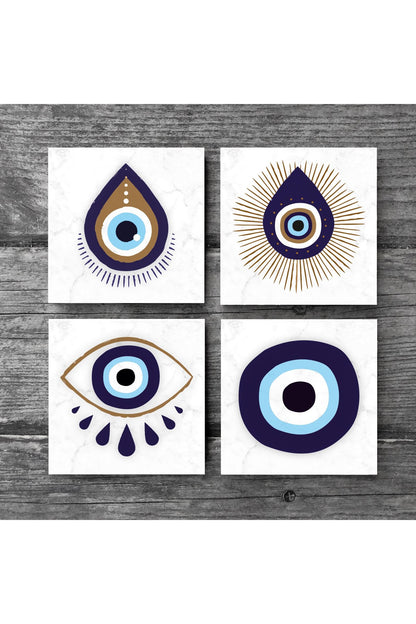 Pinecone Nazar Taş Bardak Altlığı Seti - 4 Parça - Dekoratif, Rustik Mutfak Aksesuarı, 10x10 cm, Kaydırmaz Tabanlı, Şık ve Dayanıklı SC239