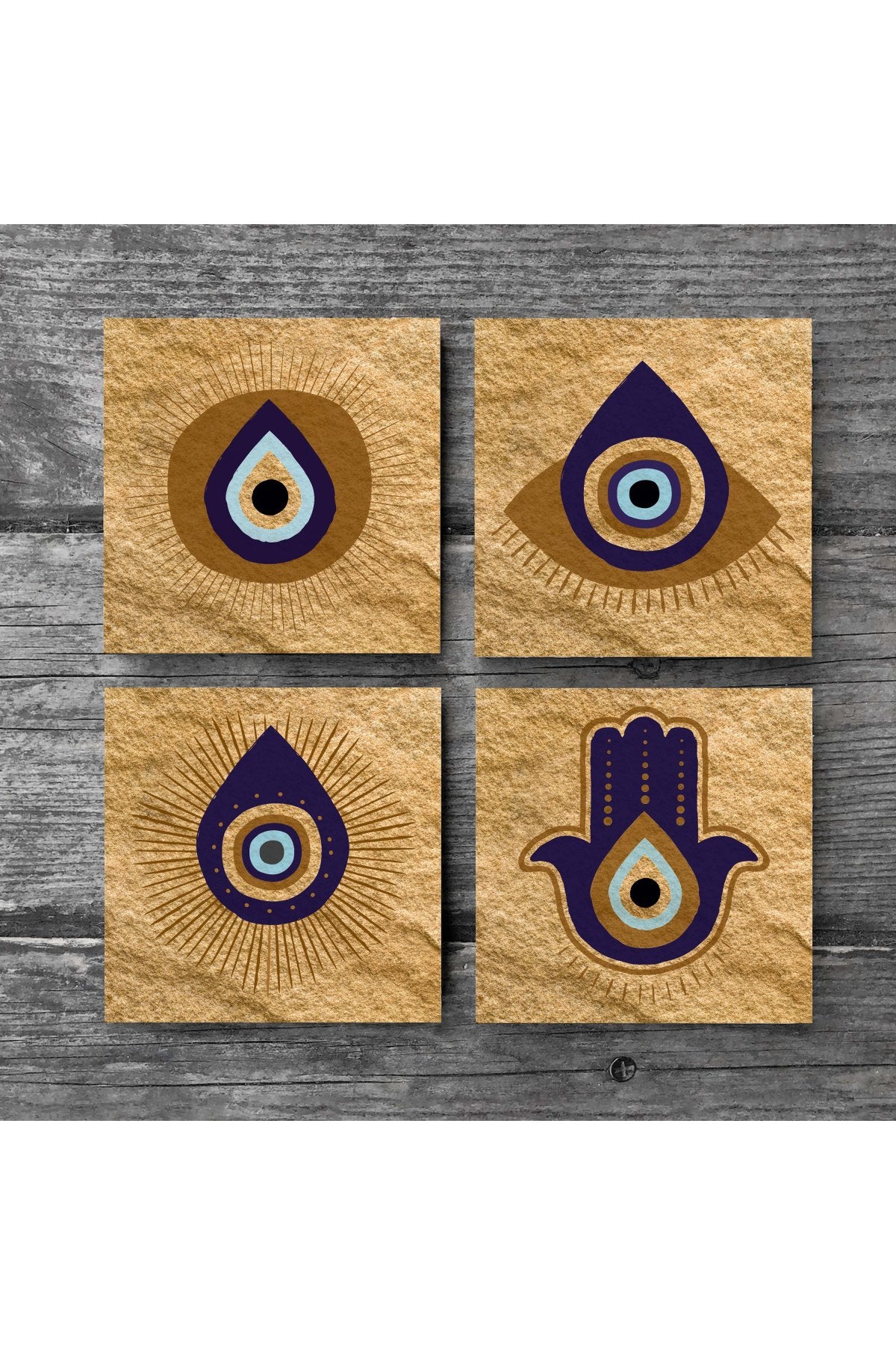 Pinecone Fatma Ana Eli (Hamsa), Nazar Taş Bardak Altlığı Seti - 4 Parça - Dekoratif, Rustik Mutfak Aksesuarı, 10x10 cm, Kaydırmaz Tabanlı, Şık ve Dayanıklı SC243