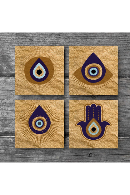 Pinecone Fatma Ana Eli (Hamsa), Nazar Taş Bardak Altlığı Seti - 4 Parça - Dekoratif, Rustik Mutfak Aksesuarı, 10x10 cm, Kaydırmaz Tabanlı, Şık ve Dayanıklı SC243