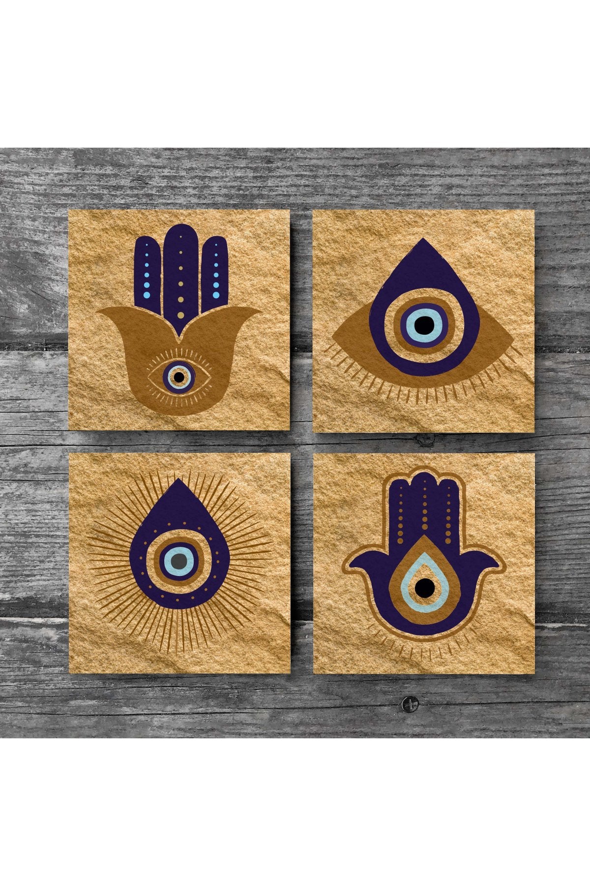 Pinecone Fatma Ana Eli (Hamsa), Nazar Taş Bardak Altlığı Seti - 4 Parça - Dekoratif, Rustik Mutfak Aksesuarı, 10x10 cm, Kaydırmaz Tabanlı, Şık ve Dayanıklı SC244
