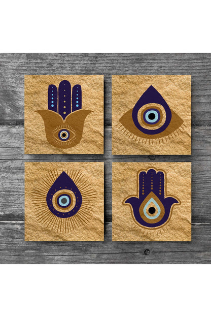 Pinecone Fatma Ana Eli (Hamsa), Nazar Taş Bardak Altlığı Seti - 4 Parça - Dekoratif, Rustik Mutfak Aksesuarı, 10x10 cm, Kaydırmaz Tabanlı, Şık ve Dayanıklı SC244