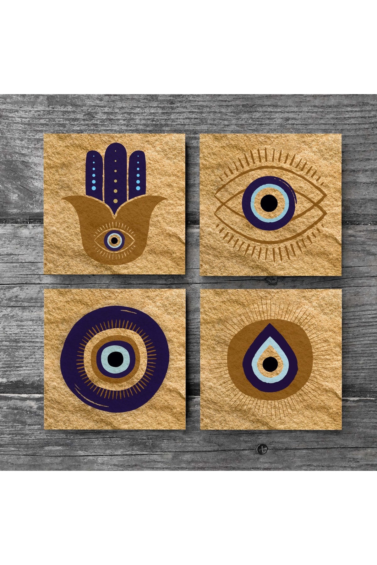 Pinecone Fatma Ana Eli (Hamsa), Nazar Taş Bardak Altlığı Seti - 4 Parça - Dekoratif, Rustik Mutfak Aksesuarı, 10x10 cm, Kaydırmaz Tabanlı, Şık ve Dayanıklı SC246