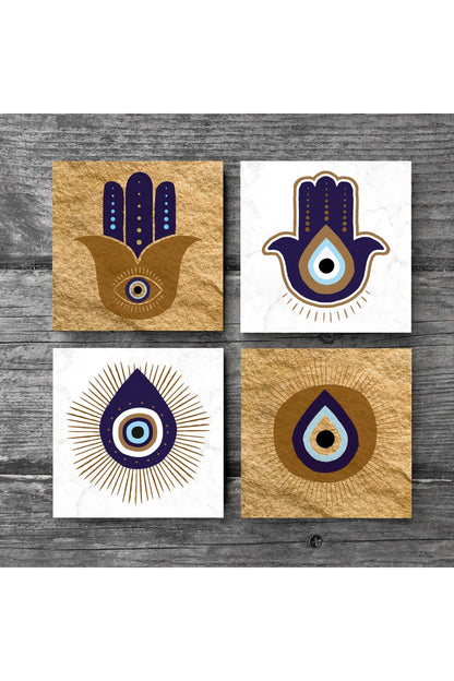 Pinecone Fatma Ana Eli (Hamsa), Nazar Taş Bardak Altlığı Seti - 4 Parça - Dekoratif, Rustik Mutfak Aksesuarı, 10x10 cm, Kaydırmaz Tabanlı, Şık ve Dayanıklı SC247