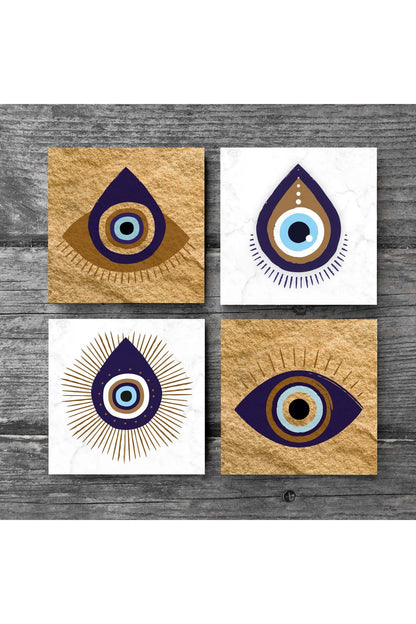Pinecone Nazar Taş Bardak Altlığı Seti - 4 Parça - Dekoratif, Rustik Mutfak Aksesuarı, 10x10 cm, Kaydırmaz Tabanlı, Şık ve Dayanıklı SC248
