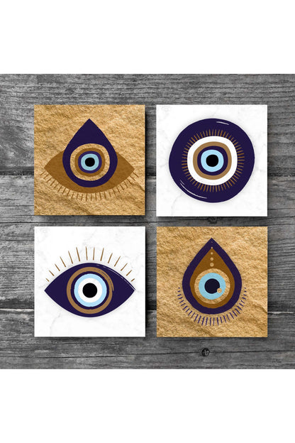Pinecone Nazar Taş Bardak Altlığı Seti - 4 Parça - Dekoratif, Rustik Mutfak Aksesuarı, 10x10 cm, Kaydırmaz Tabanlı, Şık ve Dayanıklı SC250