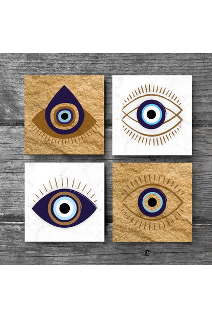 Pinecone Nazar Taş Bardak Altlığı Seti - 4 Parça - Dekoratif, Rustik Mutfak Aksesuarı, 10x10 cm, Kaydırmaz Tabanlı, Şık ve Dayanıklı SC251