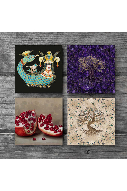 Pinecone Şahmeran, Hayat Ağacı, Nar Taş Bardak Altlığı Seti - 4 Parça - Dekoratif, Rustik Mutfak Aksesuarı, 10x10 cm, Kaydırmaz Tabanlı, Şık ve Dayanıklı SC254