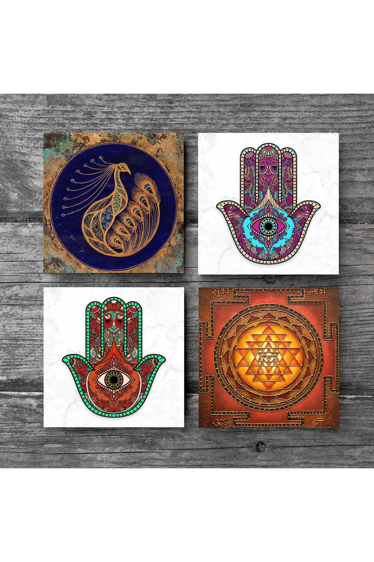 Pinecone Tavus Kuşu, Sri Yantra, Fatma Ana Eli (Hamsa) Taş Bardak Altlığı Seti - 4 Parça - Dekoratif, Rustik Mutfak Aksesuarı, 10x10 cm, Kaydırmaz Tabanlı, Şık ve Dayanıklı SC258