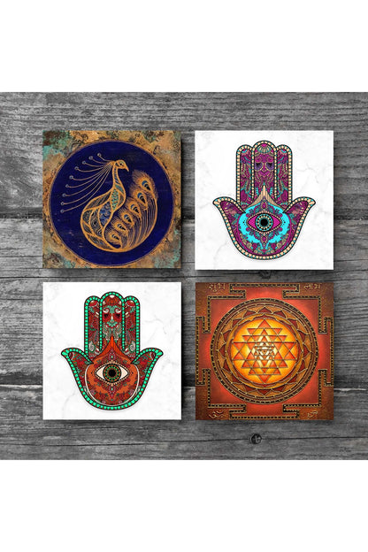 Pinecone Tavus Kuşu, Sri Yantra, Fatma Ana Eli (Hamsa) Taş Bardak Altlığı Seti - 4 Parça - Dekoratif, Rustik Mutfak Aksesuarı, 10x10 cm, Kaydırmaz Tabanlı, Şık ve Dayanıklı SC258