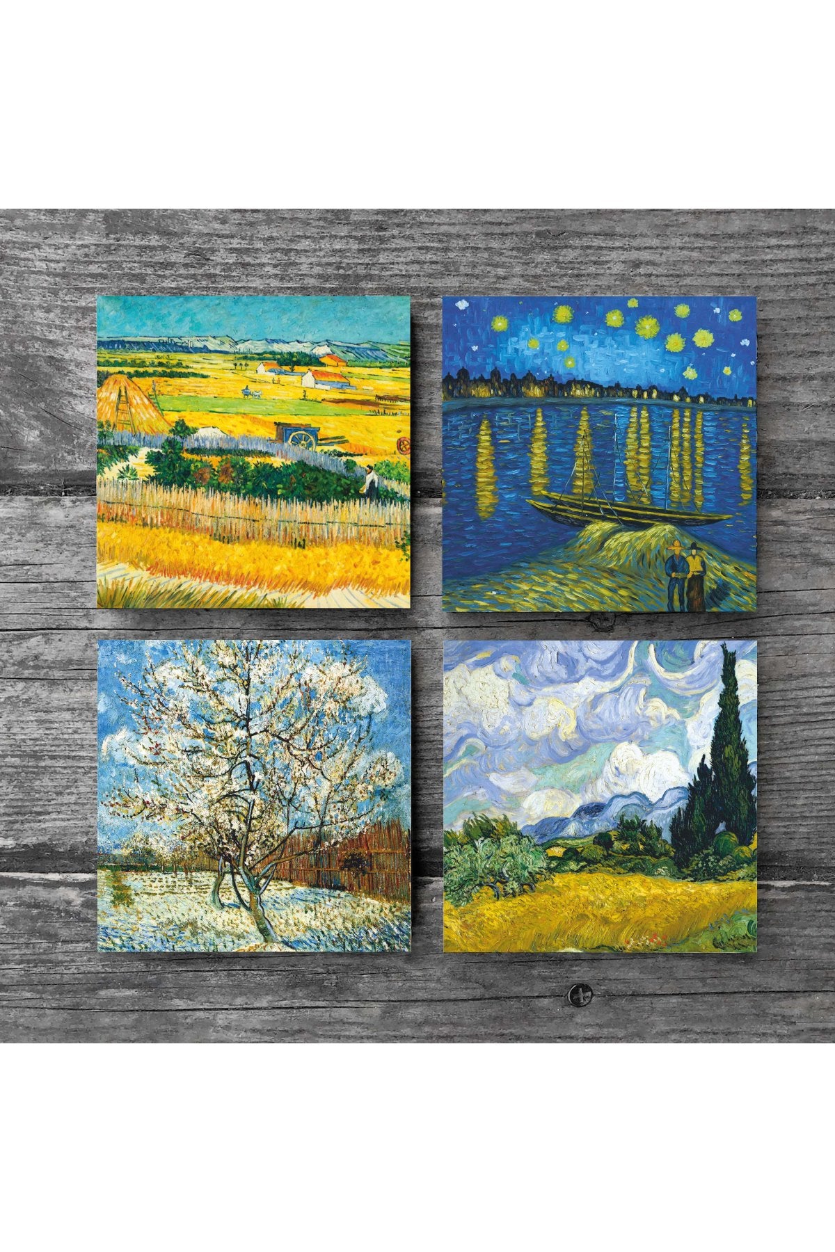 Pinecone Van Gogh Buğday Tarlası, Şeftali Ağacı, Hasat Manzarası, Ren Nehri’nde Bir Gece Taş Bardak Altlığı Seti - 4 Parça - Dekoratif, Rustik Mutfak Aksesuarı, 10x10 cm, Kaydırmaz TabanlıSC267